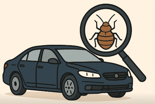 Illustration d'une voiture avec une loupe montrant une punaise de lit, symbolisant la détection de nuisibles dans les véhicules