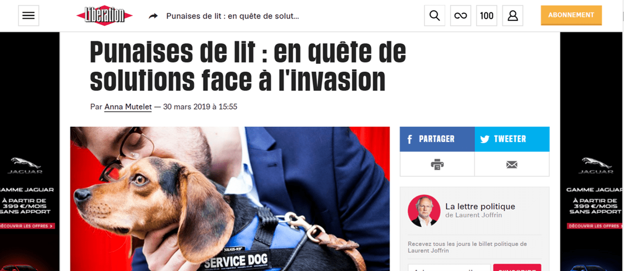 photo libération columbo detecteur canin punaises de lit nicolas roux de bezieux chien renifleur puces traitement détecter infestation chien canine