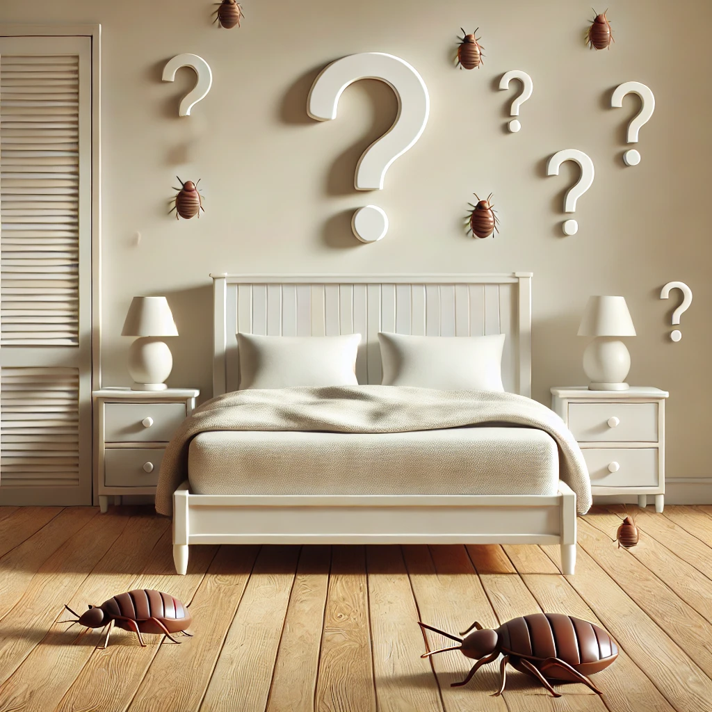 Comment savoir si on a des punaises de lit". Quelques points d'interrogation et des indices discrets évoquent la présence possible de punaises de lit, suscitant le questionnement sur les signes d'infestation.