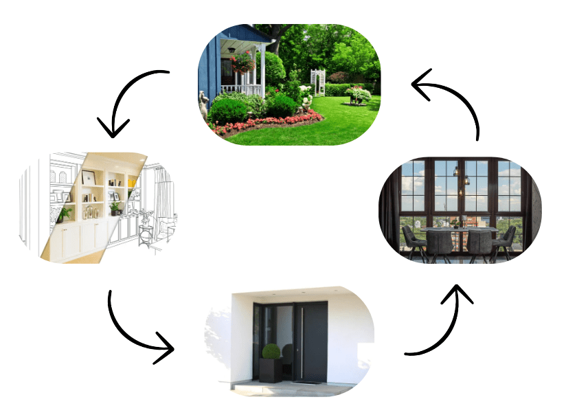 Processus complet de conception de maison : de l’aménagement du jardin à la décoration intérieure et l’entrée principale pour utiliser de la terre de diatomée.