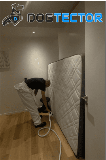 Technicien de Dogtector effectue un nettoyage professionnel d'un matelas à l'aide d'un équipement spécialisé pour lutter contre les infestations de punaises de lit, dans une chambre moderne.