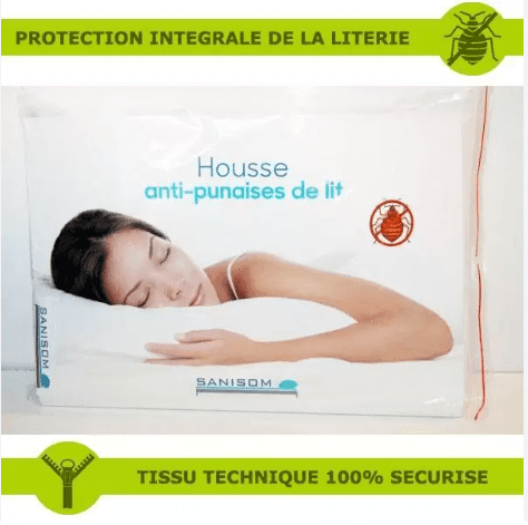 Emballage de housse anti-punaises de lit de la marque Sanisom, offrant une protection intégrale de la literie avec un tissu technique 100% sécurisé, mettant en avant une image d'une femme endormie.