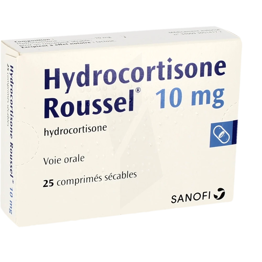 Boîte de comprimés Hydrocortisone Roussel 10 mg, médicament anti-inflammatoire par voie orale