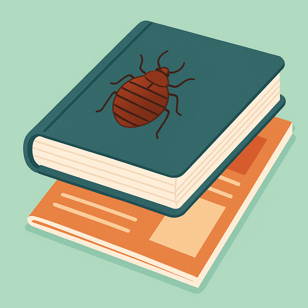 Illustration d’une punaise de lit posée sur un livre et un magazine empilés