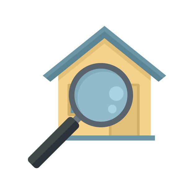 Icône vectorielle d'une maison avec une loupe, représentant l'inspection immobilière.