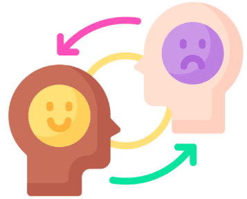 Icônes de visages triste et heureux liés par des flèches, symbolisant l’impact émotionnel des punaises de lit sur la santé mentale