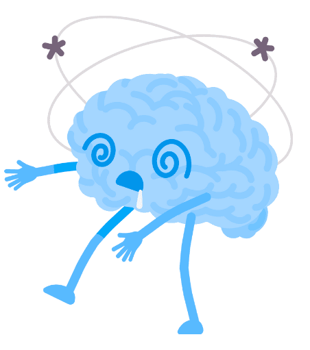 Illustration d’un cerveau désorienté avec des spirales dans les yeux, représentant le stress mental causé par les punaises de lit