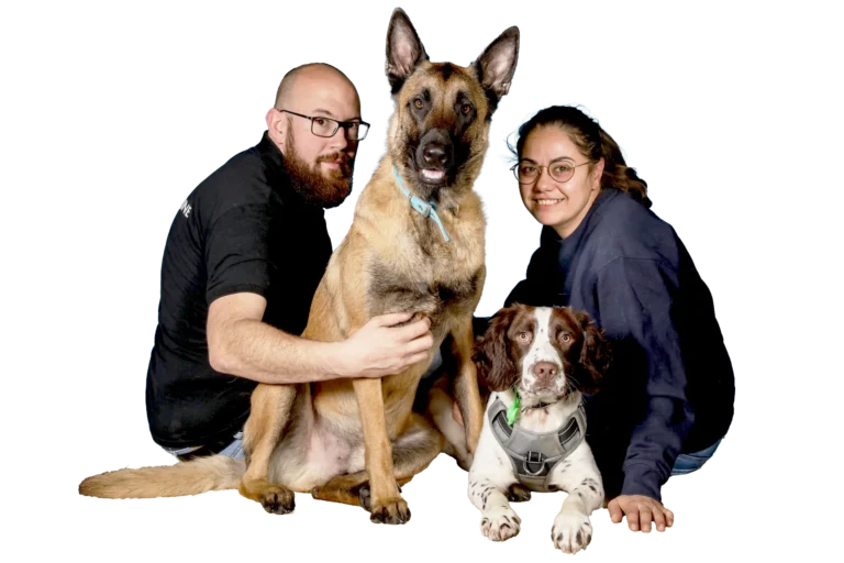 L'équipe d'intervenants de Dogtector : Romain, Christine et leurs deux chiens détecteurs de punaises de lit