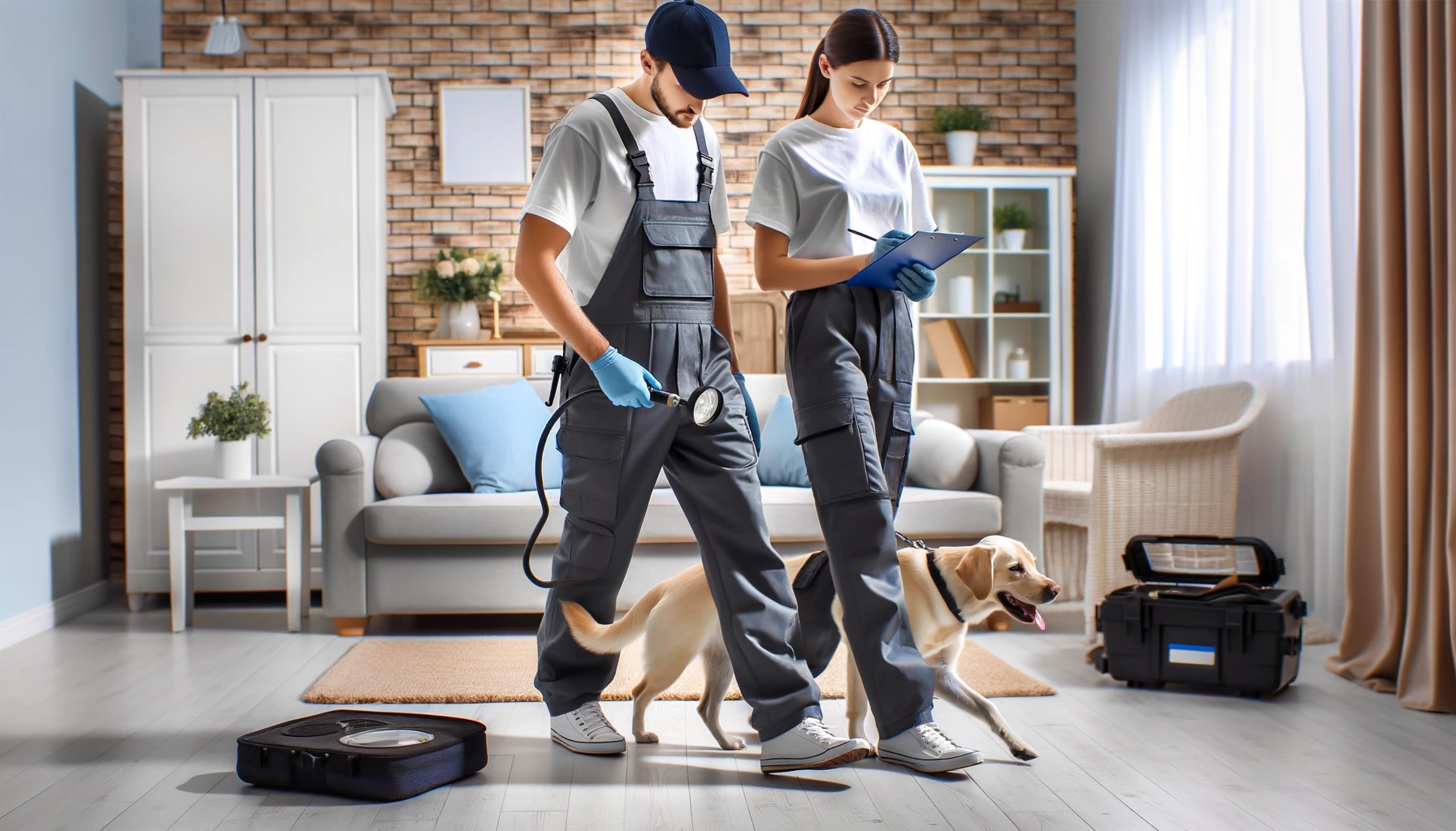 Deux professionnels en uniforme inspectent une pièce à l'aide d'un chien détecteur de punaises de lit. L'un des techniciens tient un appareil, tandis que l'autre consulte une tablette. Le chien est en train de renifler le sol, et divers équipements d'inspection sont disposés autour d'eux dans un intérieur moderne.