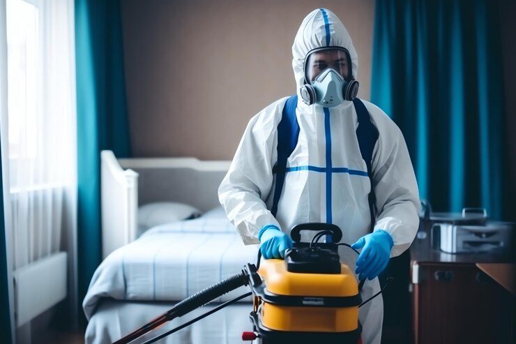 Technicien en combinaison de protection effectuant un traitement contre les punaises de lit dans une chambre