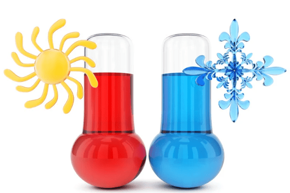 Deux thermomètres illustrant les températures chaude et froide avec des symboles de soleil et de flocon de neige.