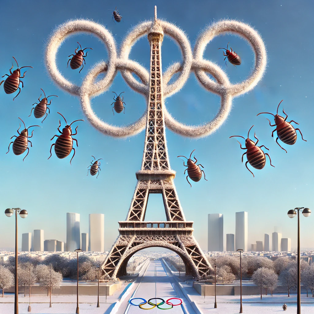 Illustration des anneaux olympiques avec des punaises de lit volant autour de la Tour Eiffel en préparation pour les Jeux Olympiques de Paris 2024, symbolisant les défis liés aux infestations de punaises pendant l'événement.