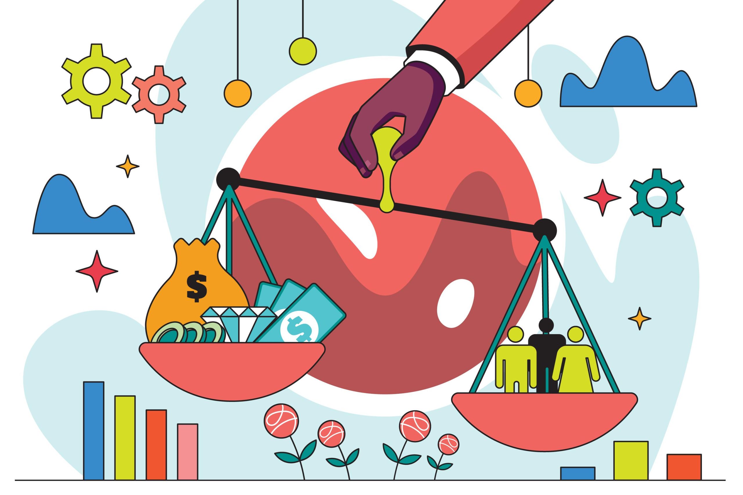 Illustration représentant une balance entre l'argent et les personnes, symbolisant les impacts économiques et sociaux des infestations de punaises de lit pendant les Jeux Olympiques de Paris 2024, affectant l'industrie hôtelière et le bien-être des visiteurs.