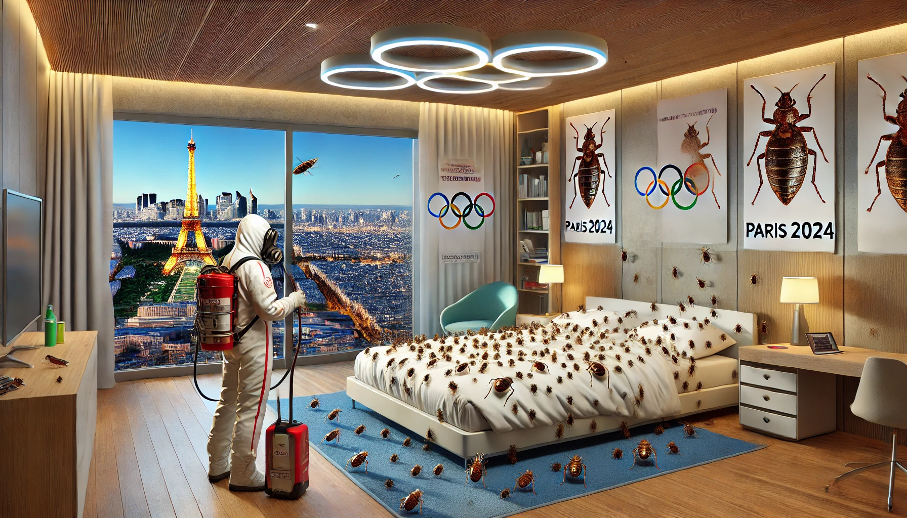 Chambre d'hôtel infestée de punaises de lit avec un désinfecteur en tenue de protection, vue sur la Tour Eiffel et symboles des Jeux Olympiques Paris 2024, illustrant les défis de l'éradication des punaises de lit pendant l'évènement.