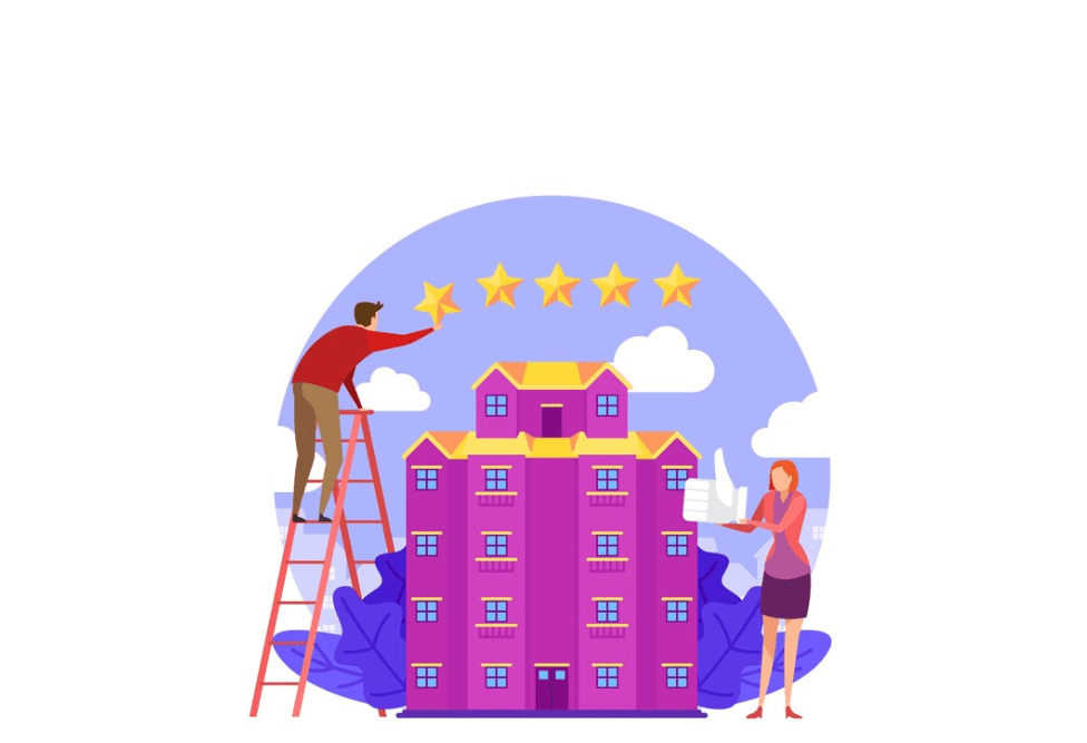 Illustration d'un homme sur une échelle ajoutant une cinquième étoile au-dessus d'un bâtiment rose à plusieurs étages, symbolisant un hôtel de luxe. Une femme à droite tient un grand pouce en l'air, représentant une satisfaction ou un avis positif.