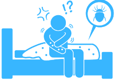 Icône d'une personne assise sur un lit, se grattant à cause de piqûres de punaises de lit, avec une illustration d'une punaise dans une bulle explicative.