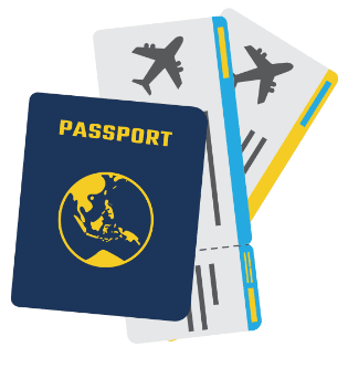 Illustration d'un passeport et de deux billets d'avion, symbolisant les voyages à l'étranger et les lieux de transmissions de punaise de lit.