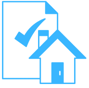 Icône représentant une maison avec une coche bleue, symbolisant une vérification ou une inspection à domicile pour éviter la transmission de punaise de lit.