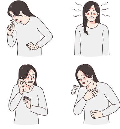 Illustration d'une femme montrant plusieurs symptômes allergiques, comme des éruptions cutanées, de la toux, et une gêne respiratoire dû aux punaises de lit.