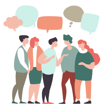 Illustration de cinq personnes en train de discuter, avec des bulles de dialogue au-dessus de leurs têtes, symbolisant une conversation ou une réunion de groupe.