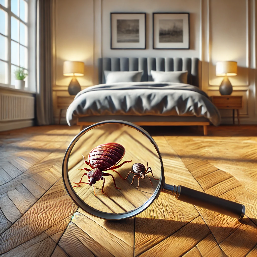 Image d'une chambre avec un sol en parquet, illustrant une punaise de lit et une puce de parquet se faisant face sous une loupe. Cette illustration montre les nuisibles que l'on peut trouver dans l'habitat, offrant un aperçu détaillé de leur apparence.