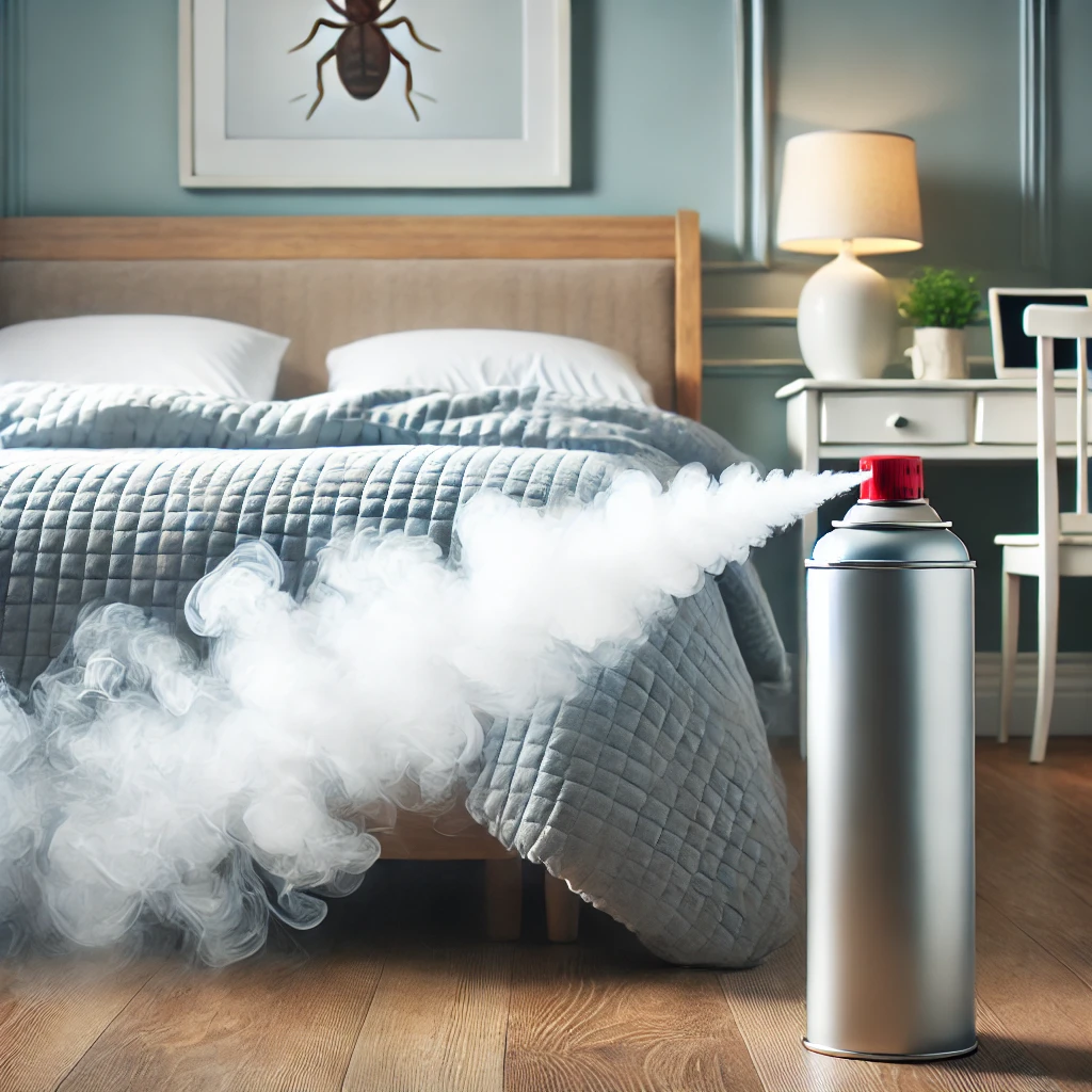Fumigène en action dans une chambre, avec un lit visible en arrière-plan, diffusant de la fumée pour traiter une infestation de punaises de lit.