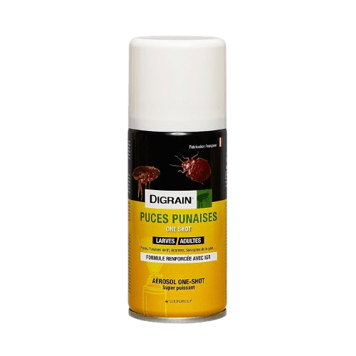 Aérosol fumigène Digrain Puces Punaise One Shot, formulé pour éradiquer larves et adultes de punaises de lit, avec une action rapide et puissante pour un traitement efficace des infestations.