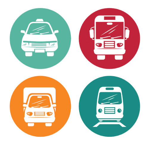 Un ensemble de quatre icônes représentant différents types de transport : taxi, bus, camion et tramway.