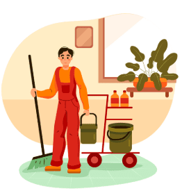 Illustration d’un homme de ménage équipé d’outils de nettoyage, représentant l’entretien avec des produits naturels.