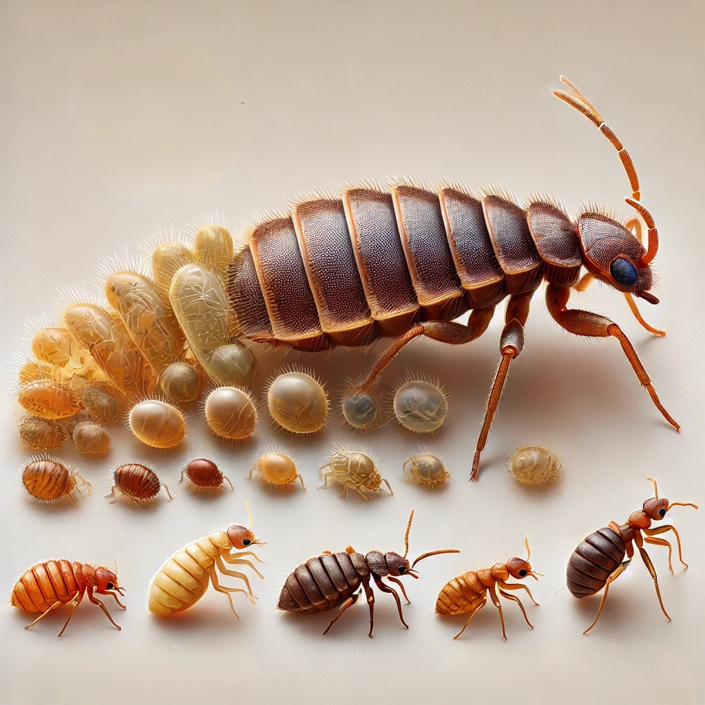 Cycle de vie de la punaise de lit, montrant différentes étapes du développement, de l'œuf à l'adulte.