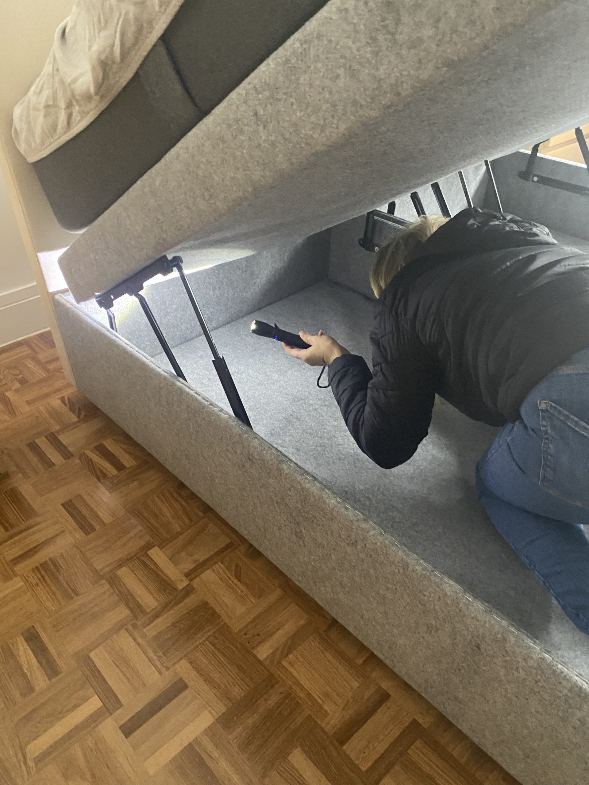 Vérification sous un lit coffre à l'aide d'une lampe de poche pour détecter les signes de présence de punaises de lit.