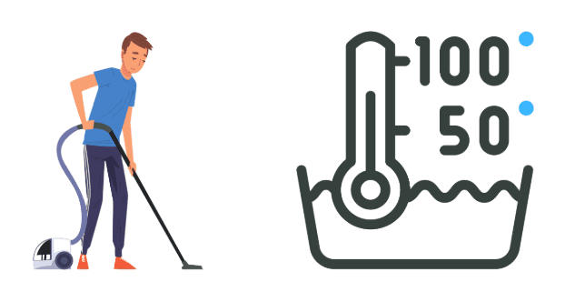 Illustration montrant un homme passant l'aspirateur et une icône de thermomètre indiquant 50°C et 100°C, représentant le nettoyage et le lavage à haute température.