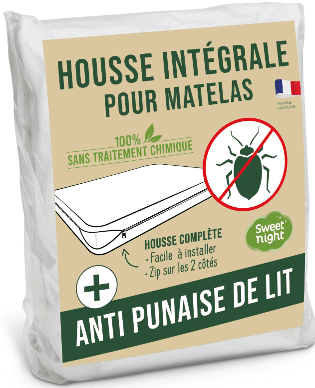 Emballage d'une housse intégrale anti-punaises de lit pour matelas avec un symbole "stop" indiquant une punaise barrée.
