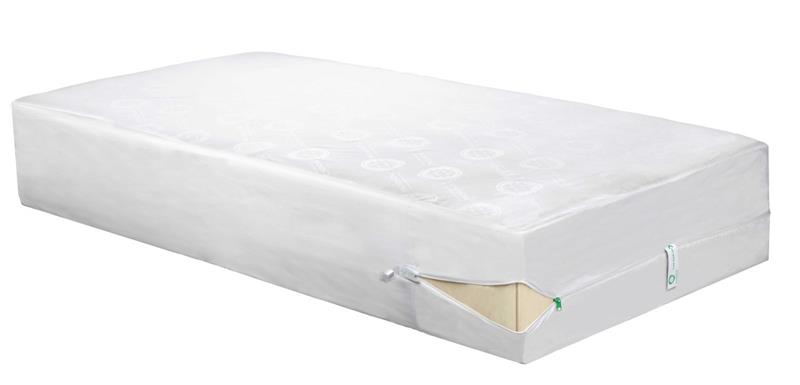 Housse de matelas anti-punaises de lit blanche, protégeant un matelas contre les infestations.