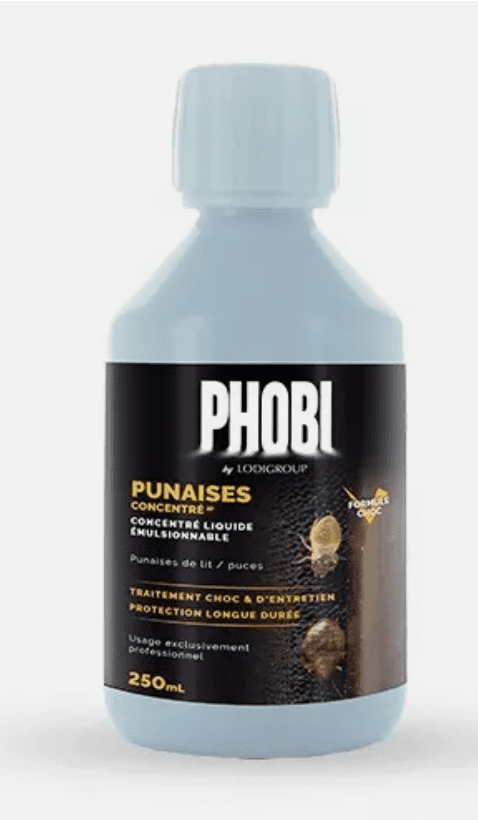 Flacon de solution insecticide PHOBI contre les punaises de lit, traitement choc et longue durée.