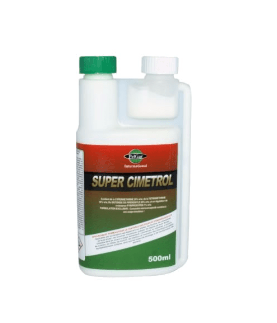 Flacon de Super Cimétrol, insecticide professionnel pour punaises de lit et nuisibles.