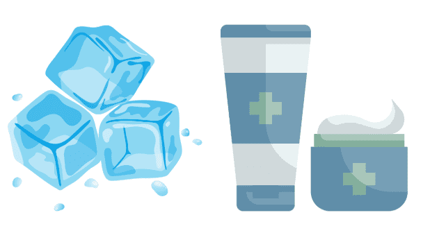 Illustration de glaçons et de crèmes médicales pour traiter les piqûres et les démangeaisons.