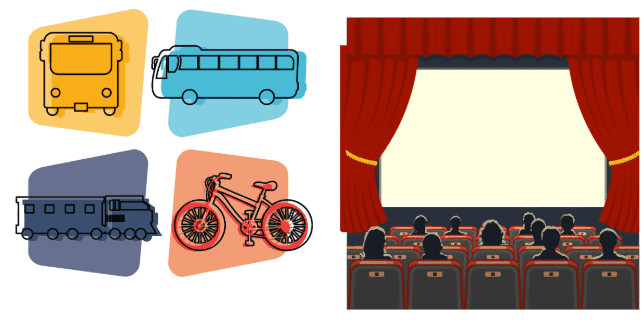 Options de transport et cinéma : autobus, train, vélo et salle de cinéma.
