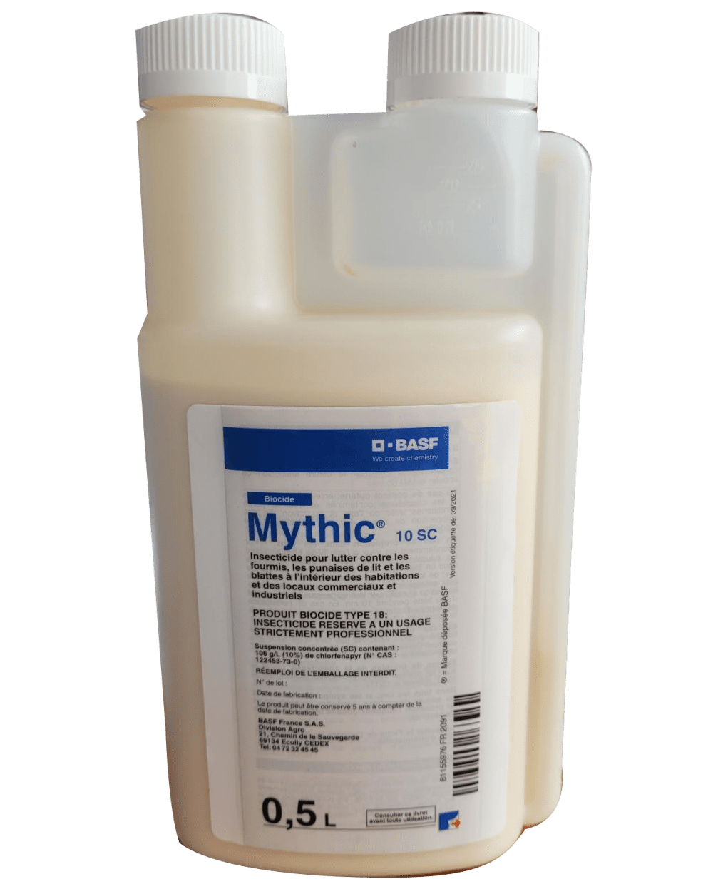 Flacon de Mythic 10 SC, insecticide professionnel pour lutter contre les punaises de lit et autres nuisibles.