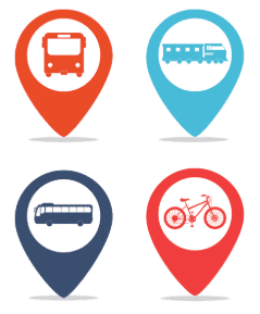 Icônes colorées représentant différents moyens de transport : bus, train, vélo."