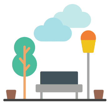 Illustration d'un parc urbain avec des arbres, un banc et un lampadaire.