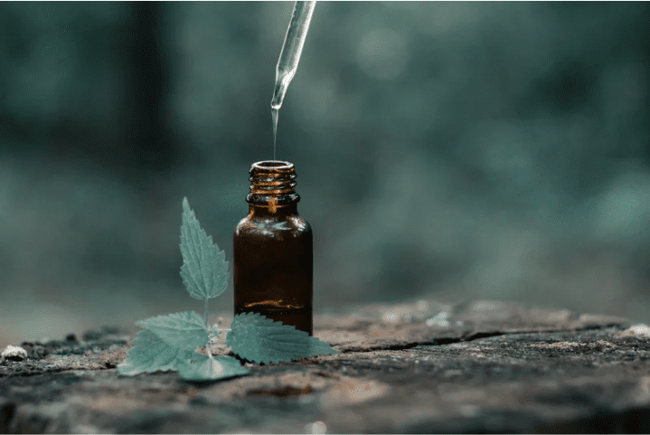 Flacon d'huile essentielle avec une pipette, posé sur un tronc d'arbre.