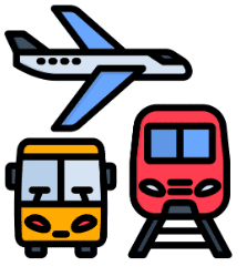 Icônes de transport : avion, bus et train, illustrant les vecteurs de propagation des punaises de lit