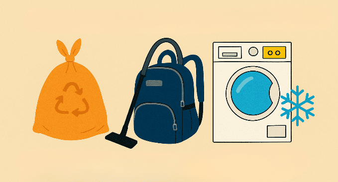Illustration montrant un sac fermé, un aspirateur, une machine à laver et un symbole de congélation.