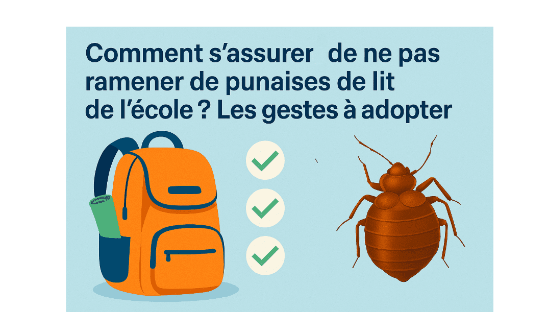 Illustration avec un cartable et une punaise de lit, accompagnés du texte de prévention.