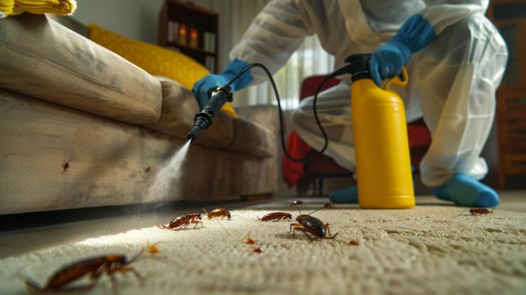 Professionnel en combinaison pulvérisant un insecticide sur un tapis infesté de punaises de lit.
