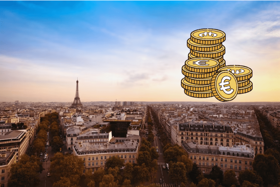 Vue de Paris avec tour Eiffel et pièces illustrant le prix d’un traitement contre les punaises de lit