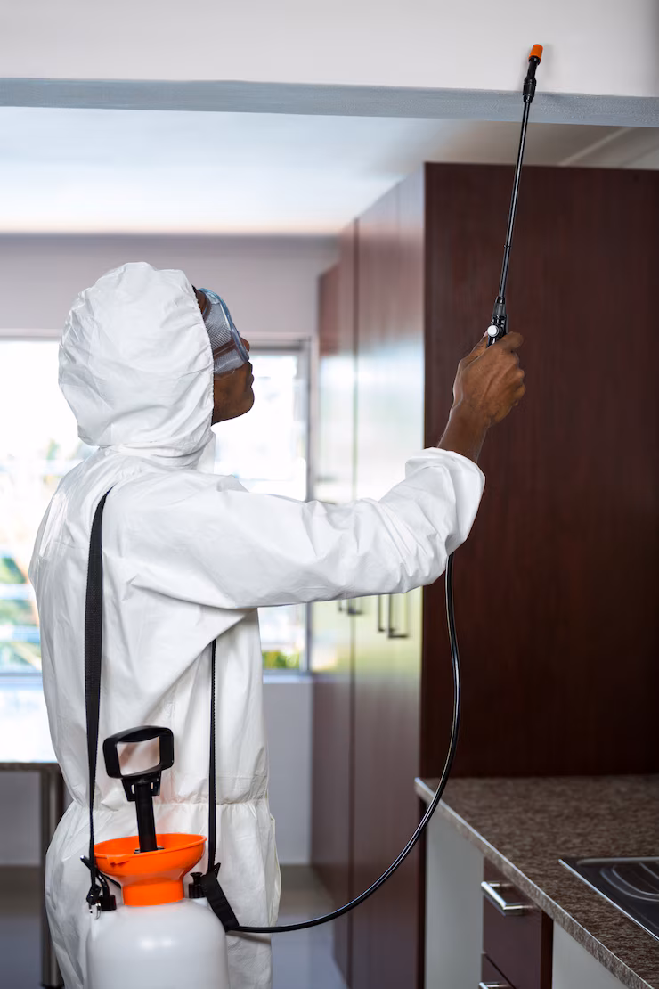 Technicien appliquant un traitement insecticide anti-punaises de lit