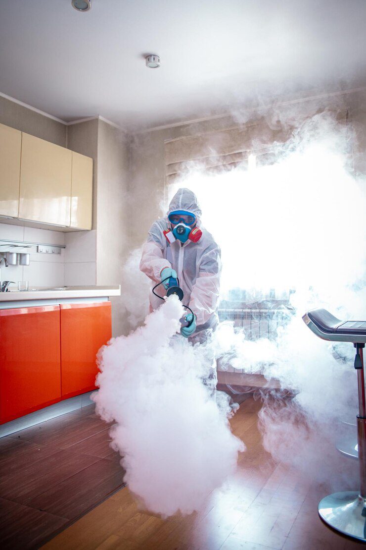 Traitement thermique par vapeur réalisé par un professionnel en combinaison