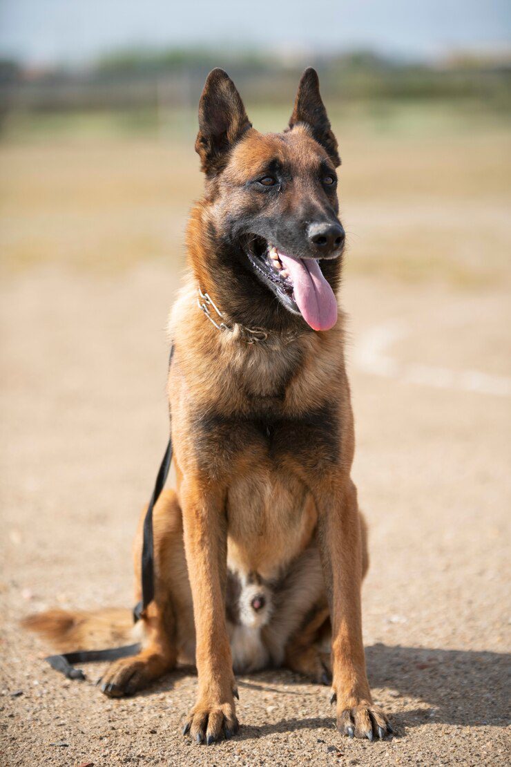 Malinois attentif assis sur un terrain, utilisé dans la détection canine professionnelle